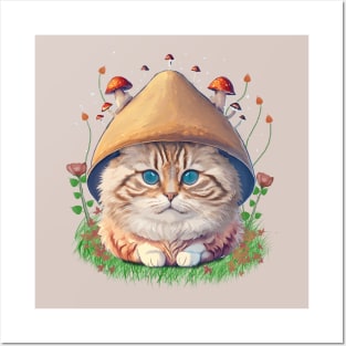 Cat With Mushroom Hat Posters and Art